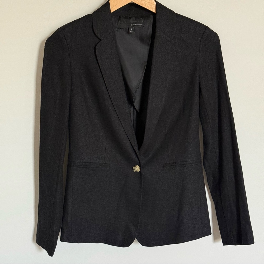 Harvé Benard Black Lightweight Linen Blend Single Button Blazer Size 2